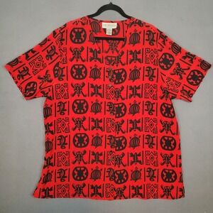 CST Studio Womens 1X Red V-Neck Blouse Wearable Art Black Animals Tribal Print *